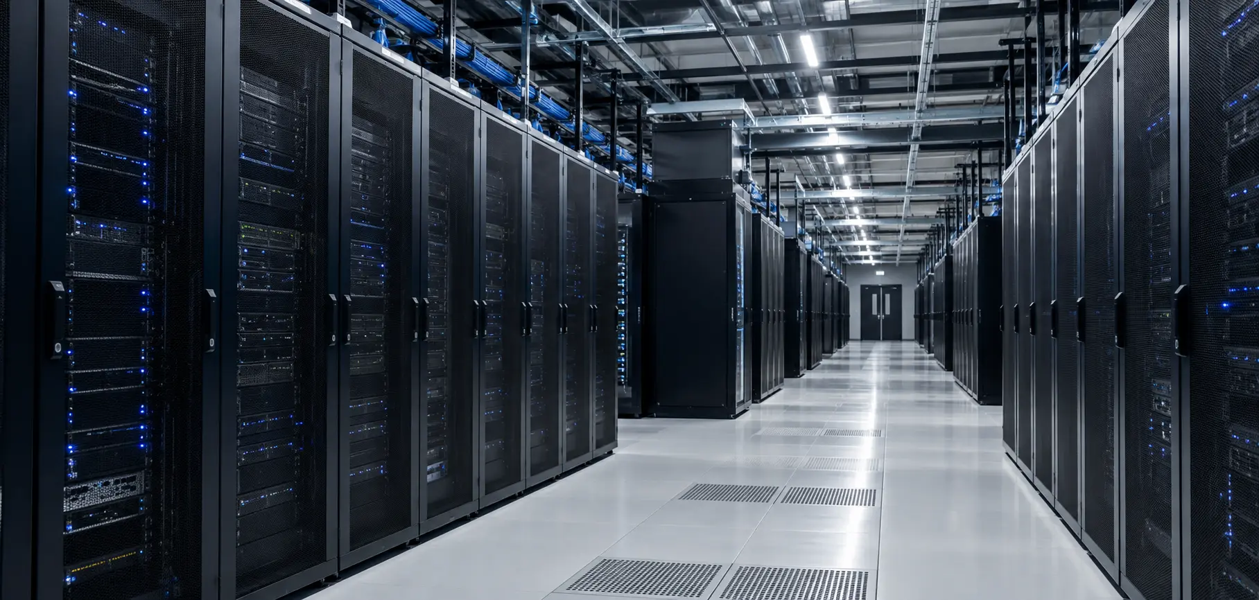 Rows of server cabinets in a data hall