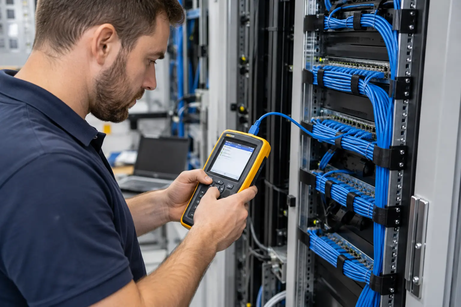 Technician using handheld network cable tester beside an open network cabinet, realistic connectors and tidy work area