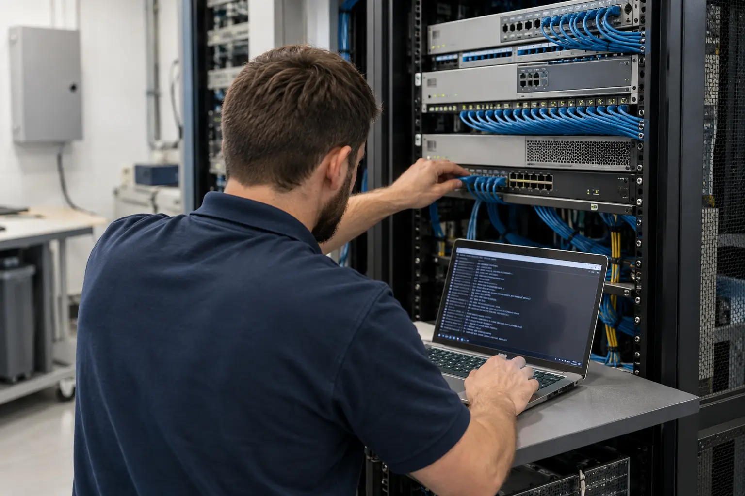 Engineer viewed from behind connecting diagnostic laptop to rack mounted network equipment at a tidy workstation
