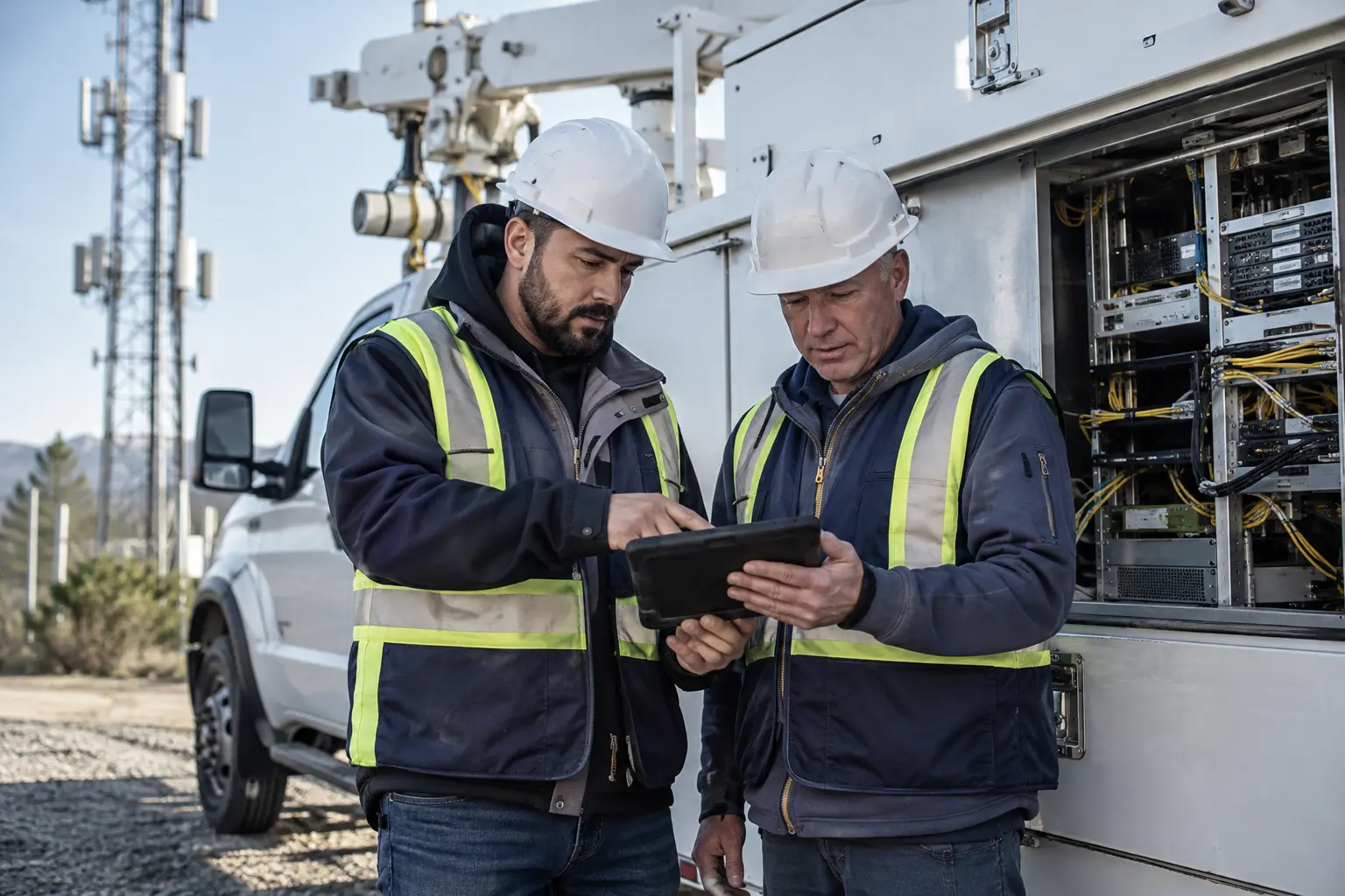 Two field technicians in hard hats reviewing a tablet beside a telecom service truck with no branding, daytime