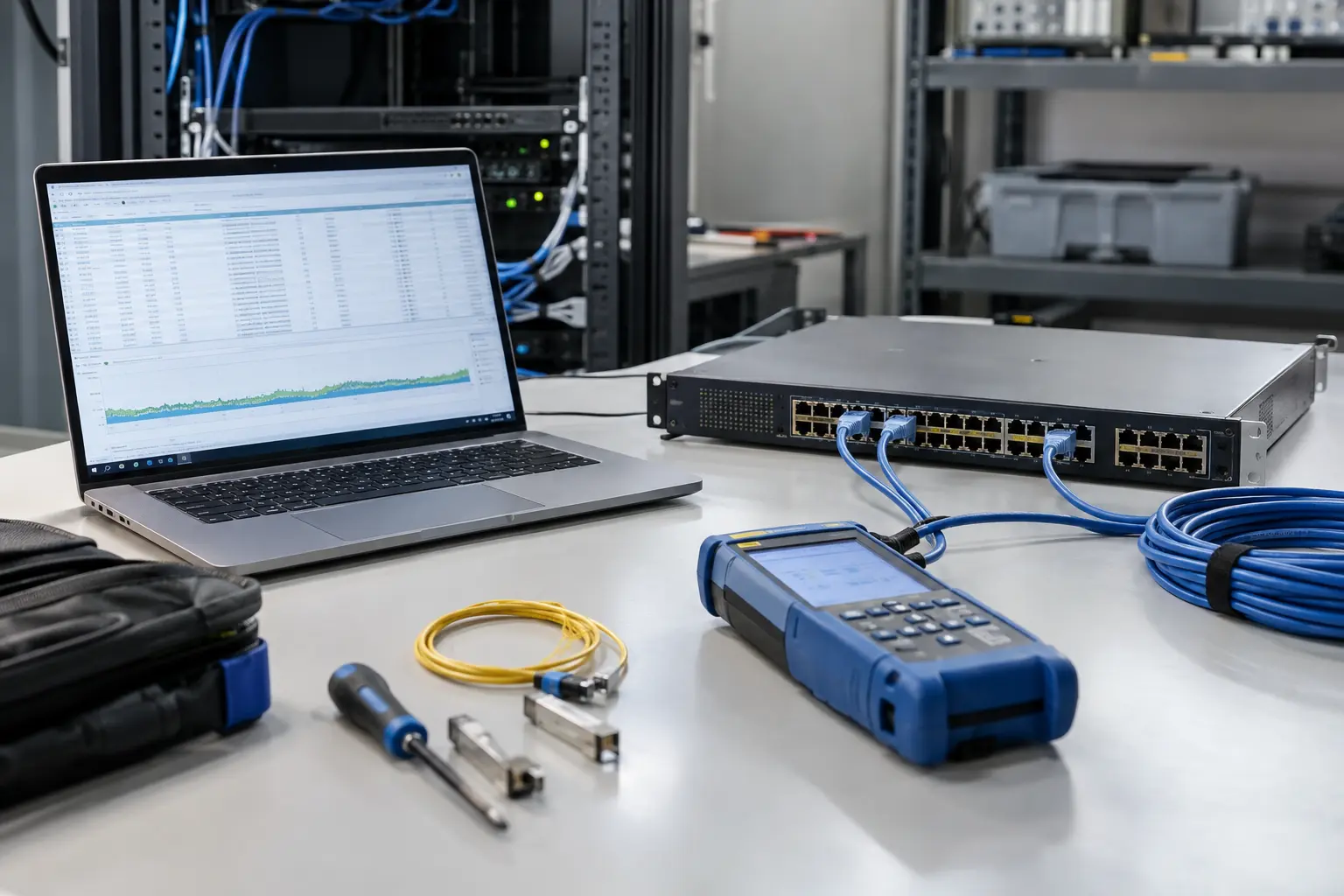 Clean technical workbench with network switch diagnostic tester laptop and orderly cables, professional neutral lighting