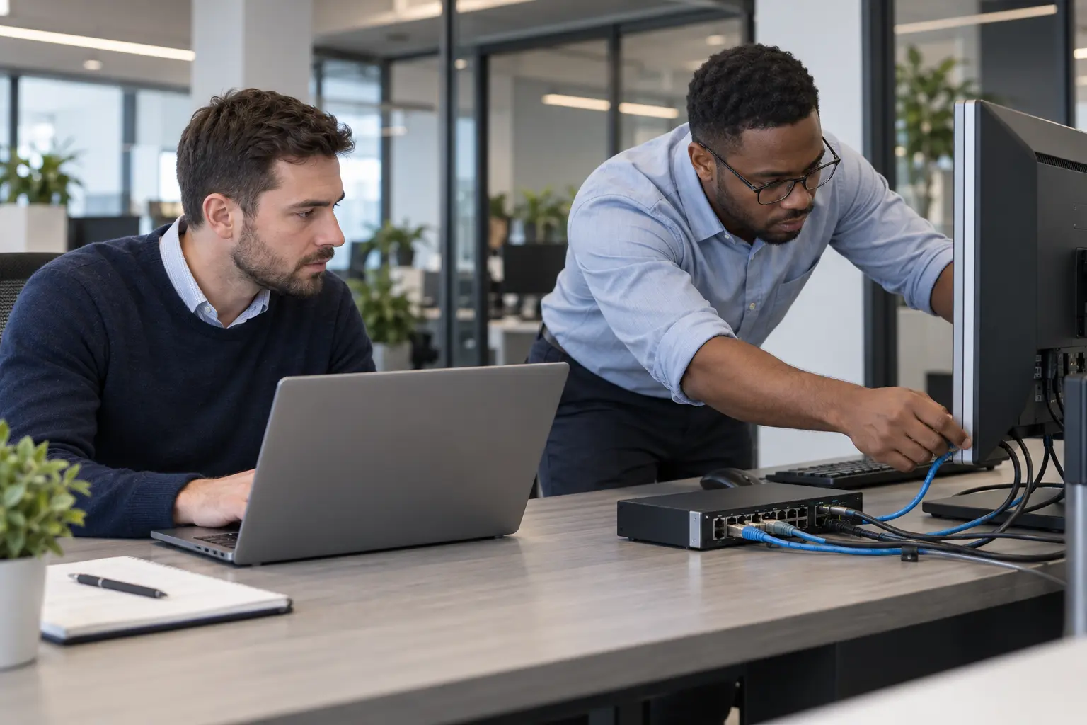 IT technicians troubleshooting connectivity in a commercial office