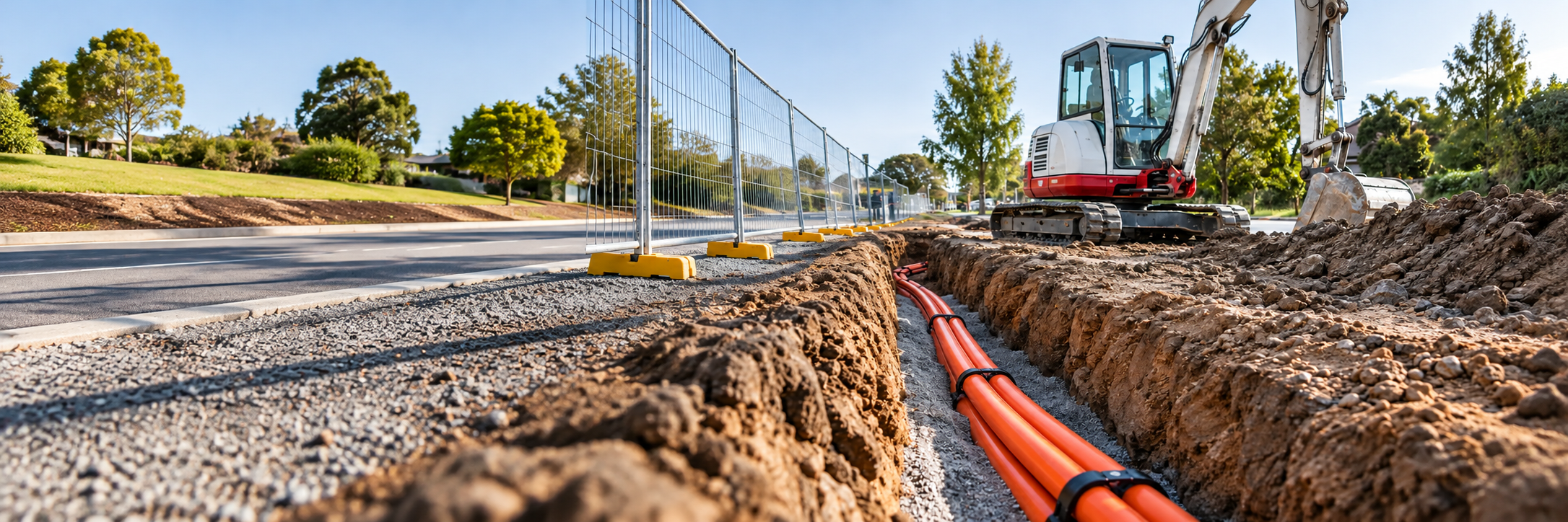 Neat shallow telecommunications trench with orange HDPE conduit on bedding, small excavator parked beyond the trench, daylight