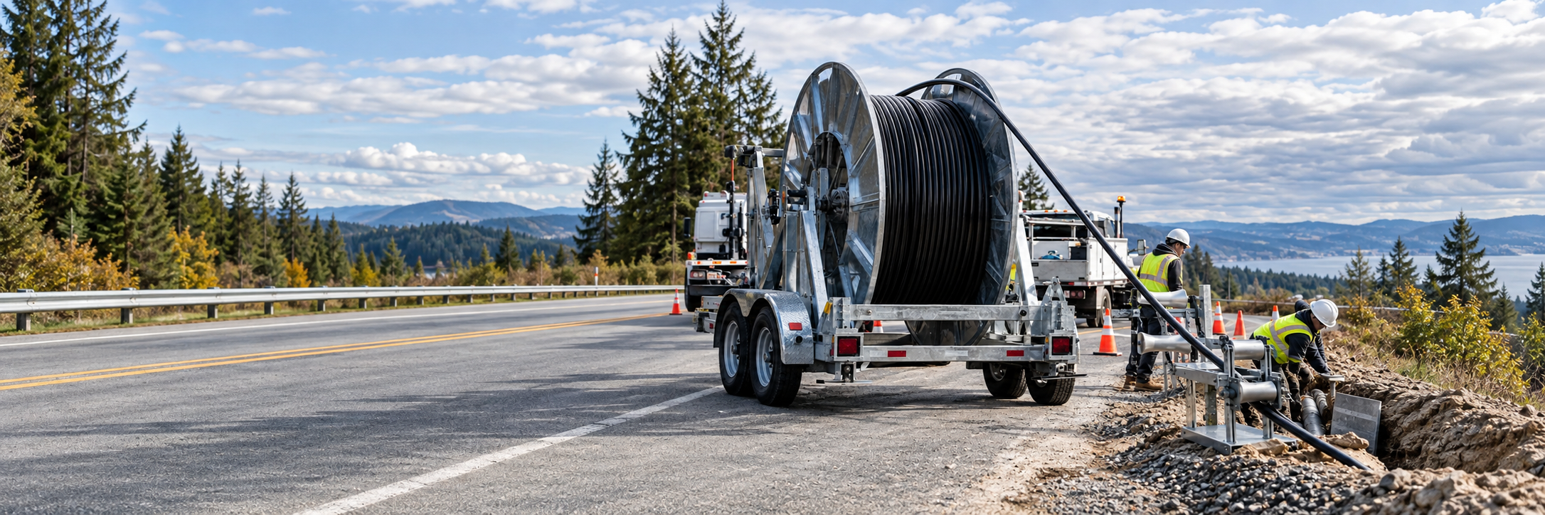 Telecommunications cable reel trailer beside roadside conduit, cable feeding smoothly over the top of the reel toward guiding rollers at ground level