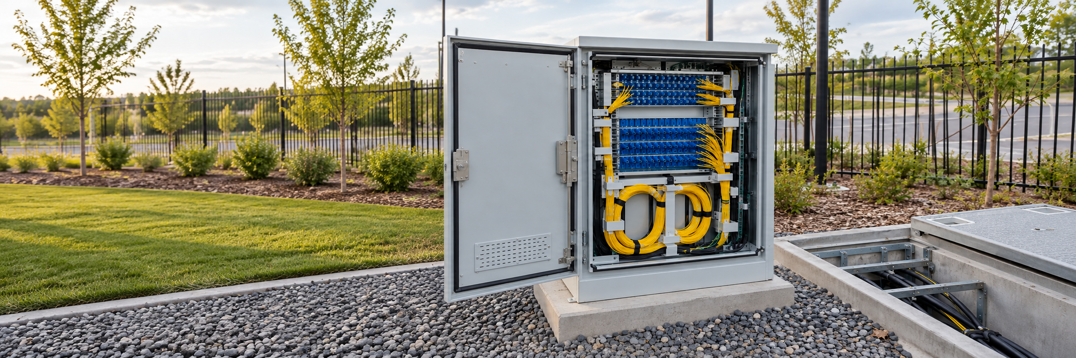 Neatly finished outdoor telecom fiber distribution cabinet open to reveal orderly patch panels and fiber slack storage beside concrete handhole