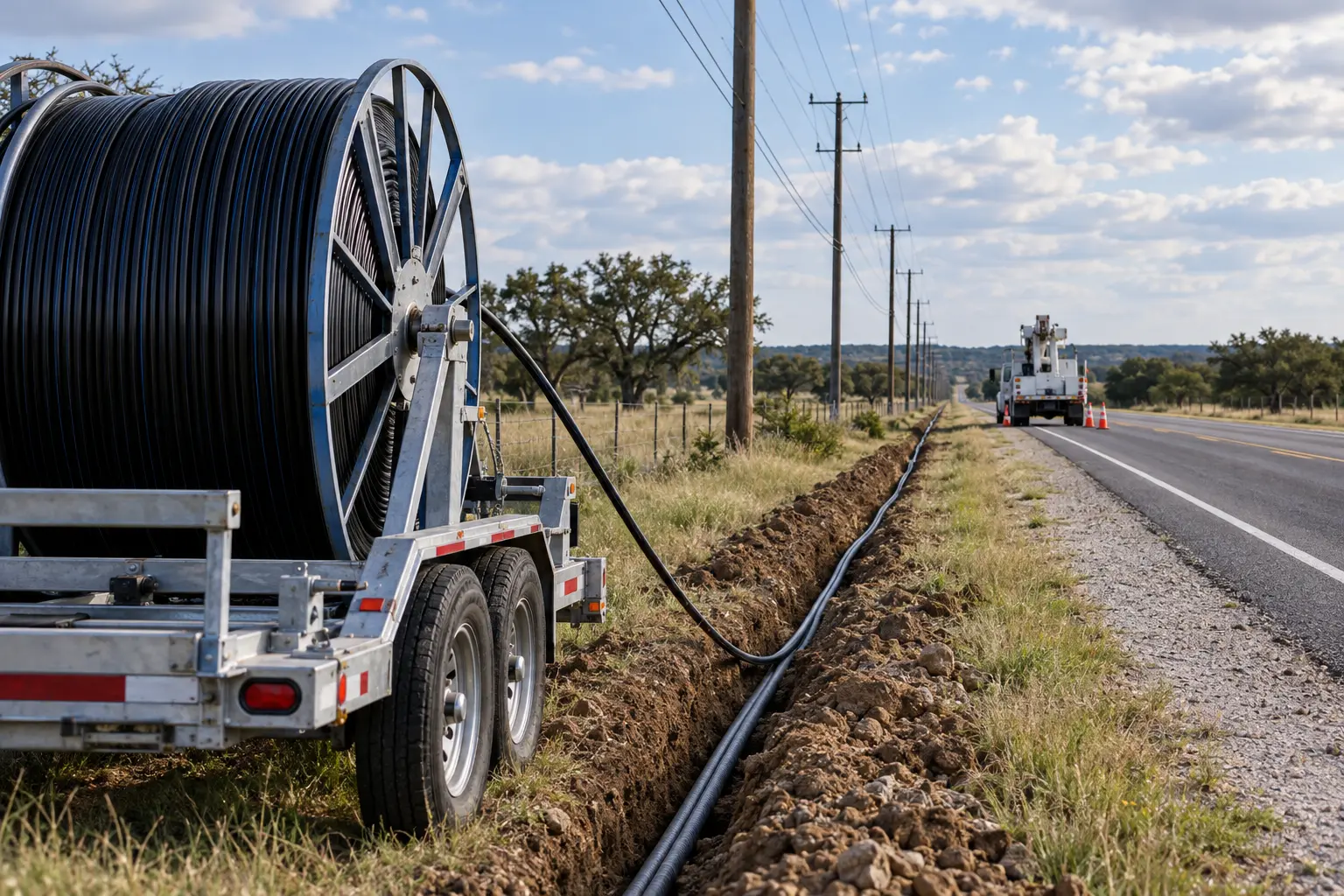 Rural Texas roadside telecom fiber construction, reel trailer and utility poles