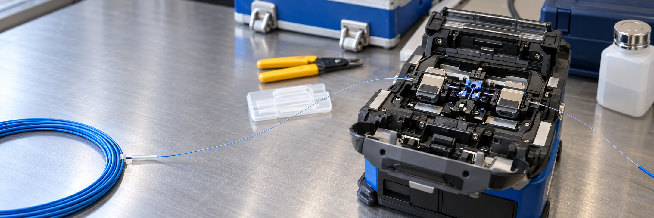 Professional fiber fusion splicer with lid open and two fine fibers aligned in holders on an organized workbench