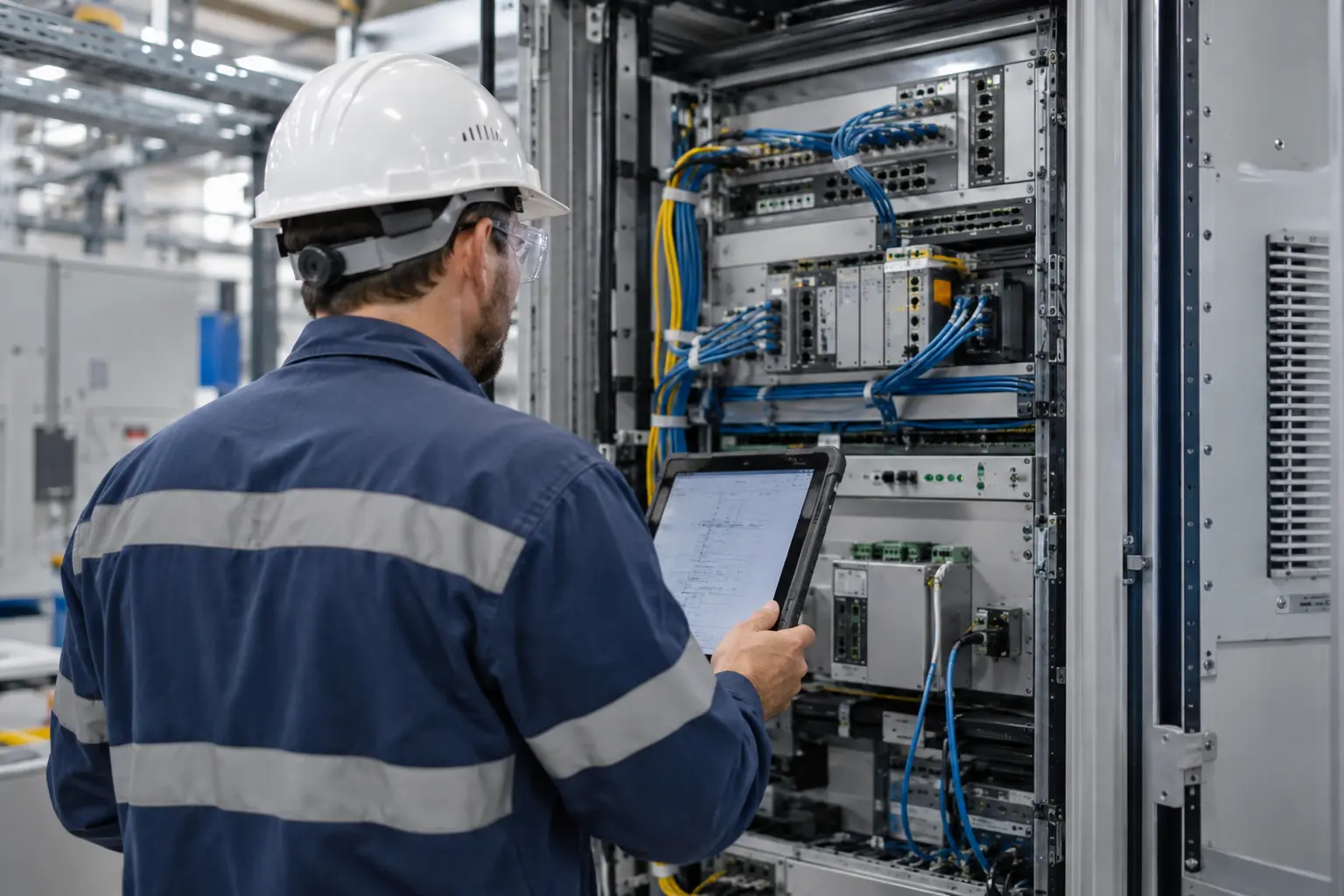 Engineer in hard hat seen from behind inspecting organized industrial network cabinet with rugged tablet, neutral daylight
