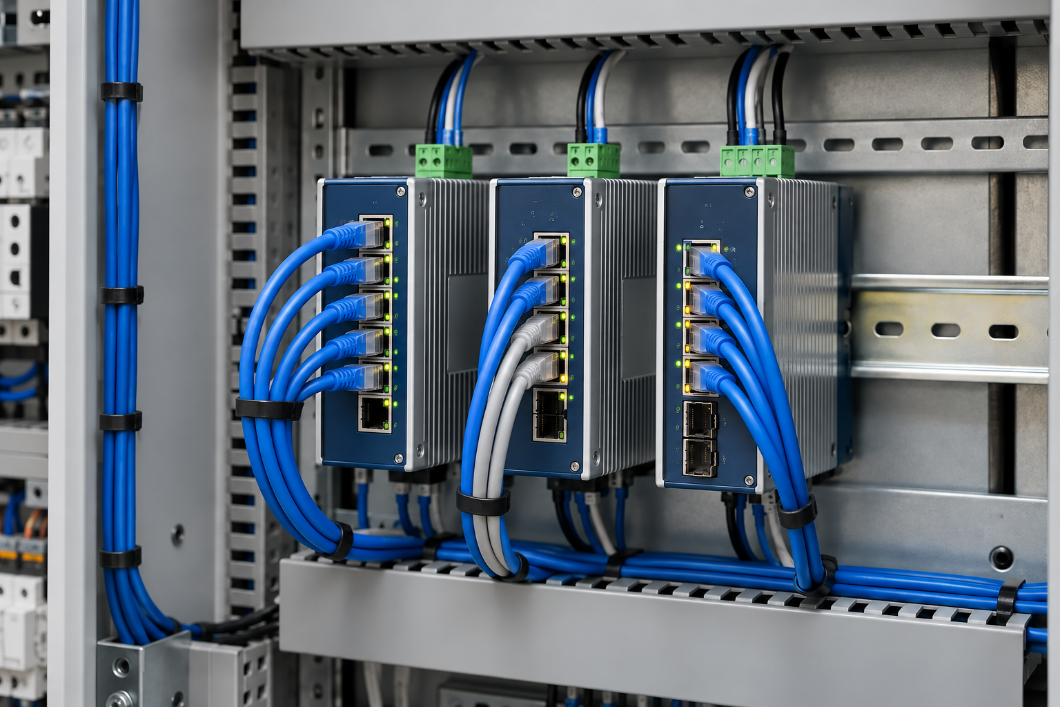 Close-up of rugged DIN-rail industrial Ethernet switches with properly seated patch cables and active link indicators inside an organized control cabinet