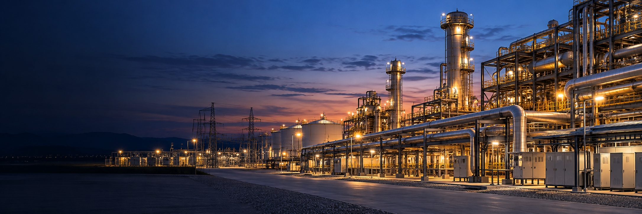 Modern industrial and energy infrastructure facility at dusk