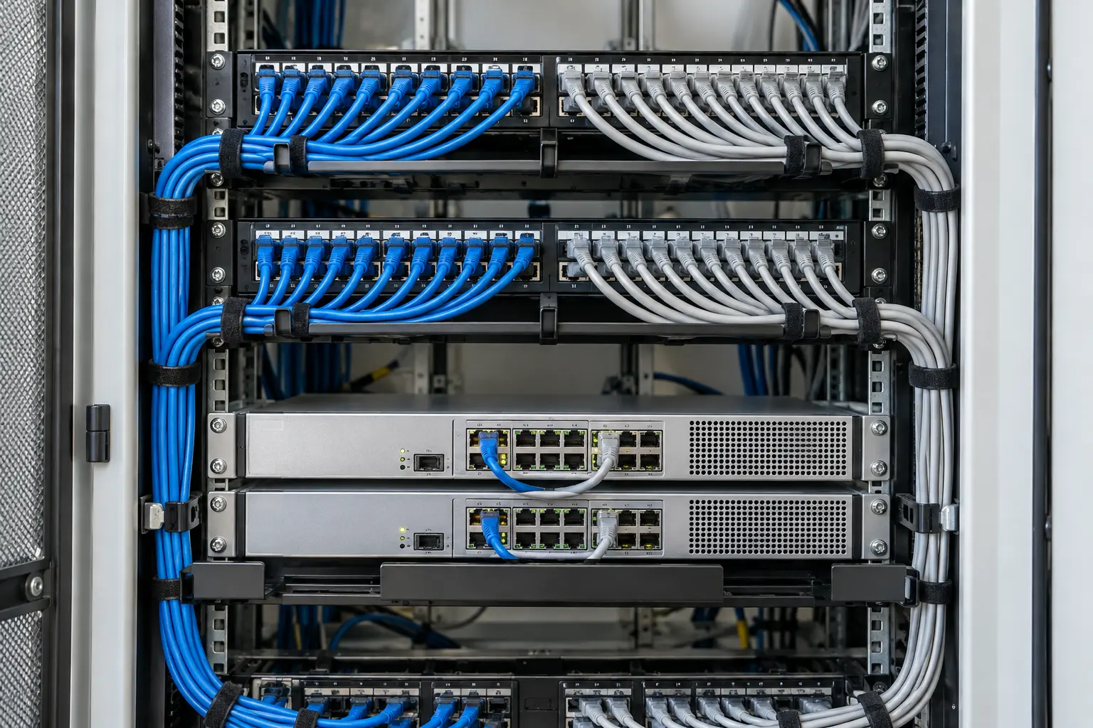 Industrial network security cabinet containing firewall pair and orderly Ethernet patch panels with separate blue and gray cable routes