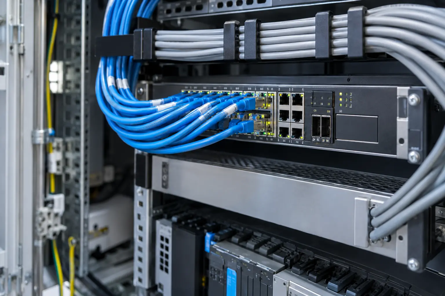 Close-up of organized firewall interfaces with separated blue and gray cable bundles inside industrial communications cabinet