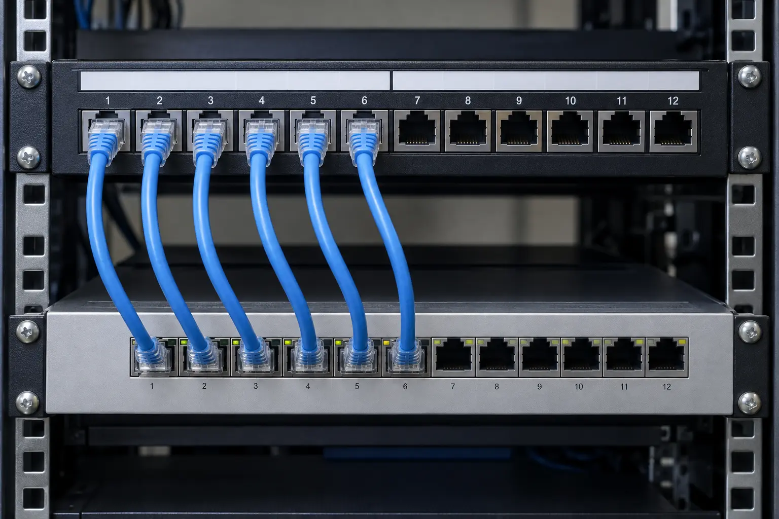 Ethernet patch cords visibly connected between a patch panel and switch