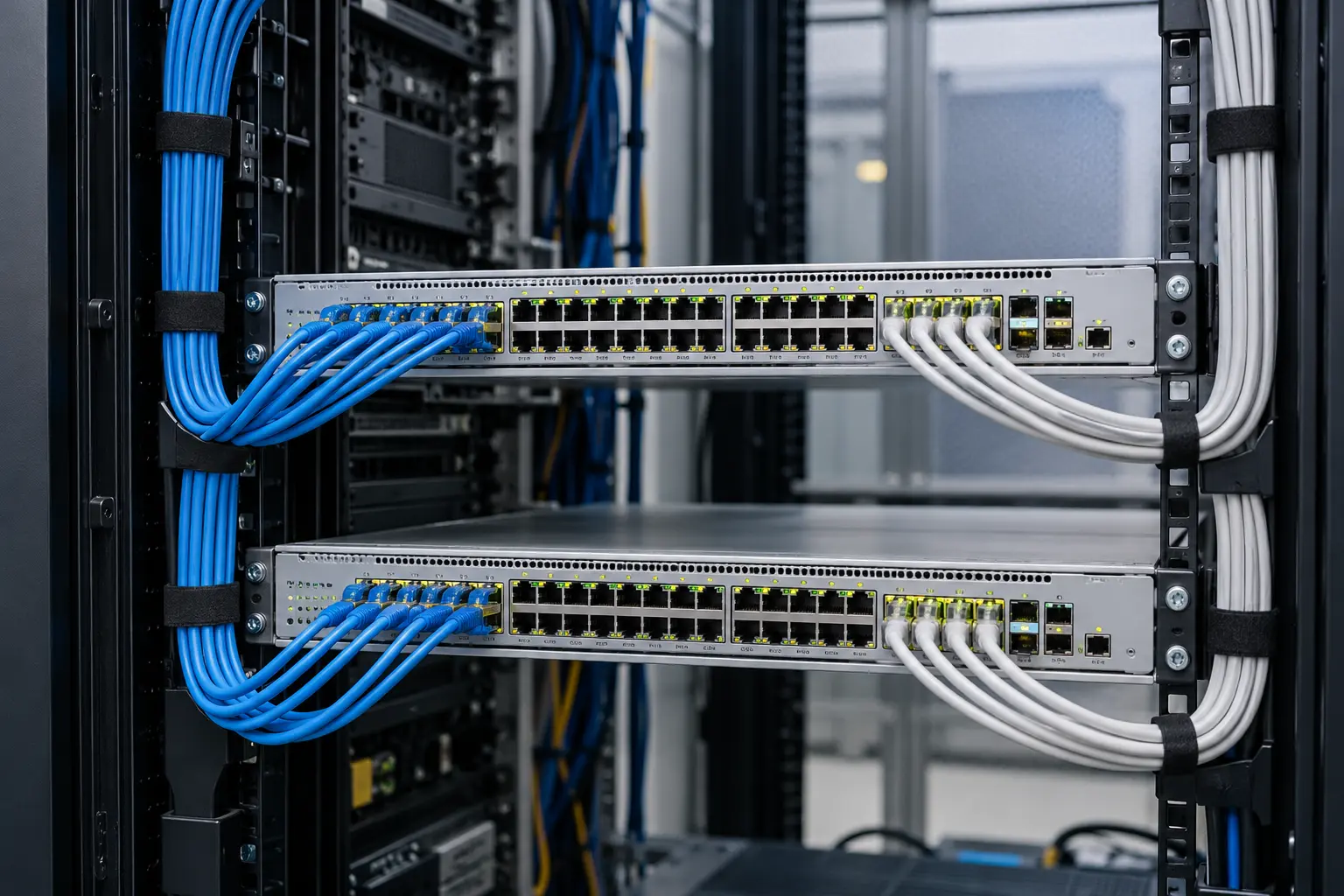 Two matching network switches in separate adjacent rack positions with orderly independent uplink cable paths, professional equipment room