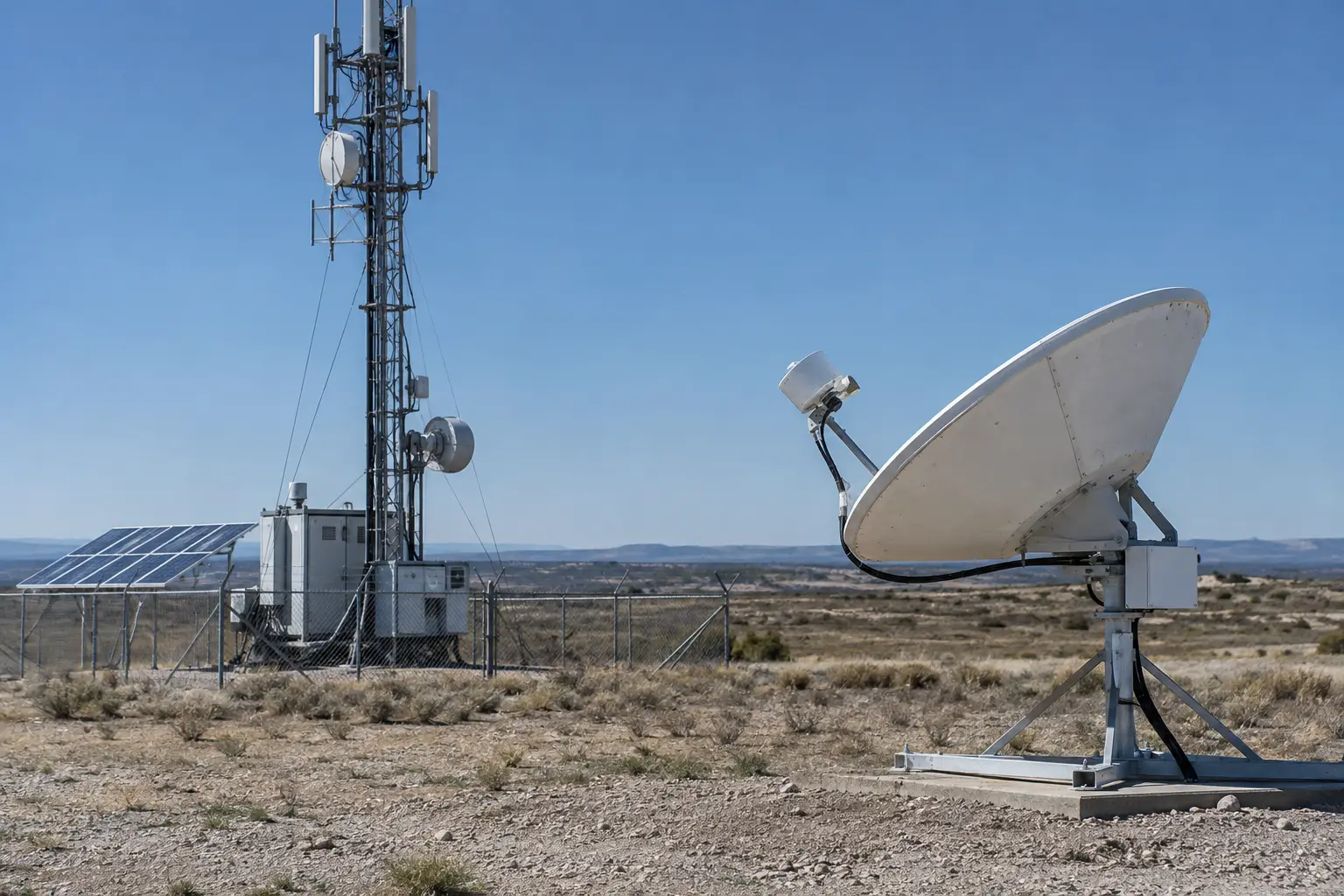 Remote Texas industrial site with communications mast and compact satellite terminal in natural daylight